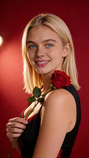Consistent character headshot with red backdrop and single rose.