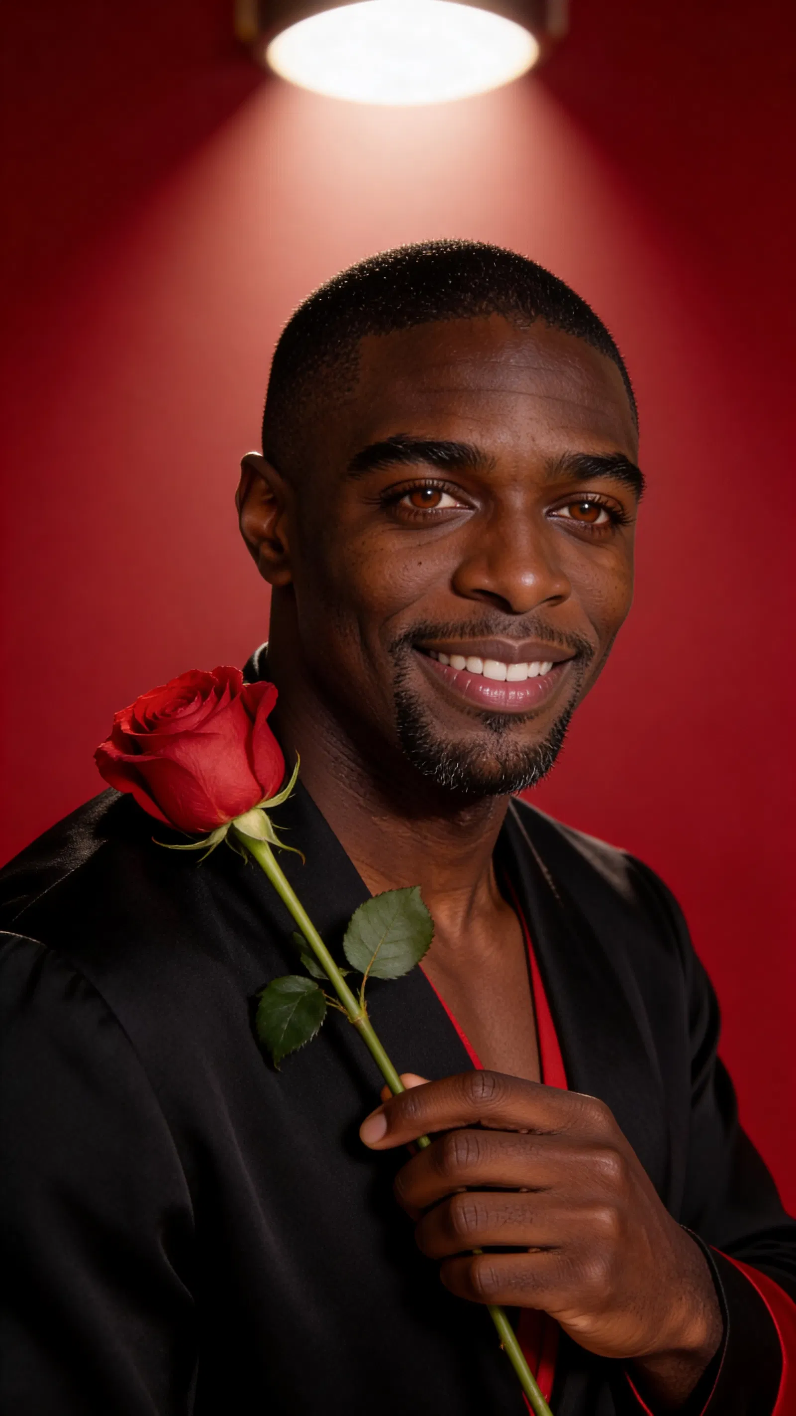 Consistent character headshot with red backdrop and single rose.