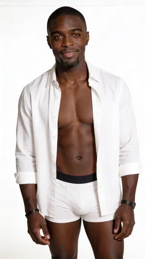 Consistent character in bright studio full-body men boudoir look with open overshirt