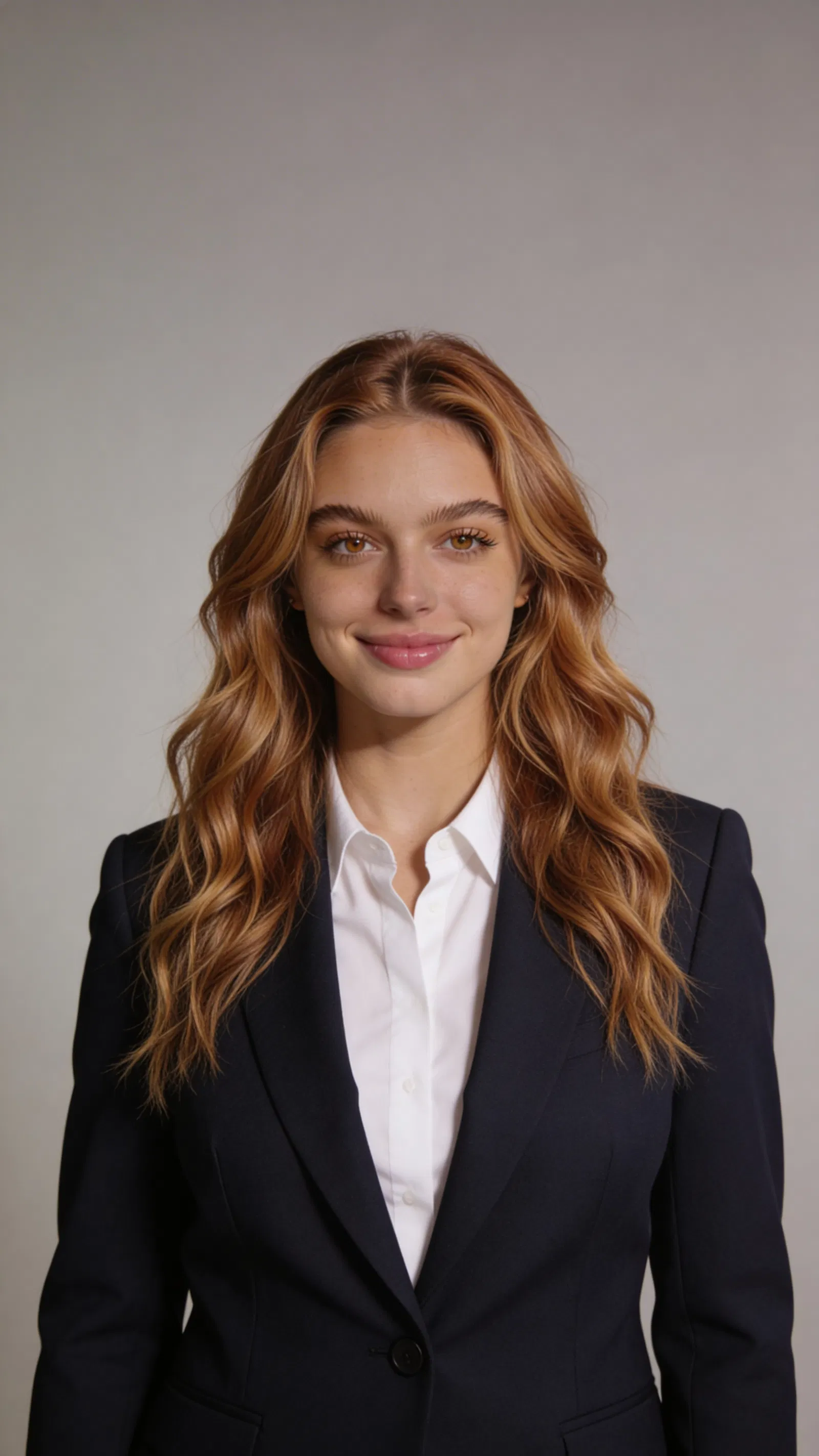 Consistent character in classic gray studio corporate headshot