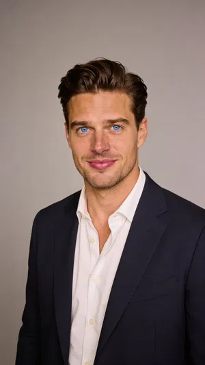 Consistent character in classic gray studio corporate headshot