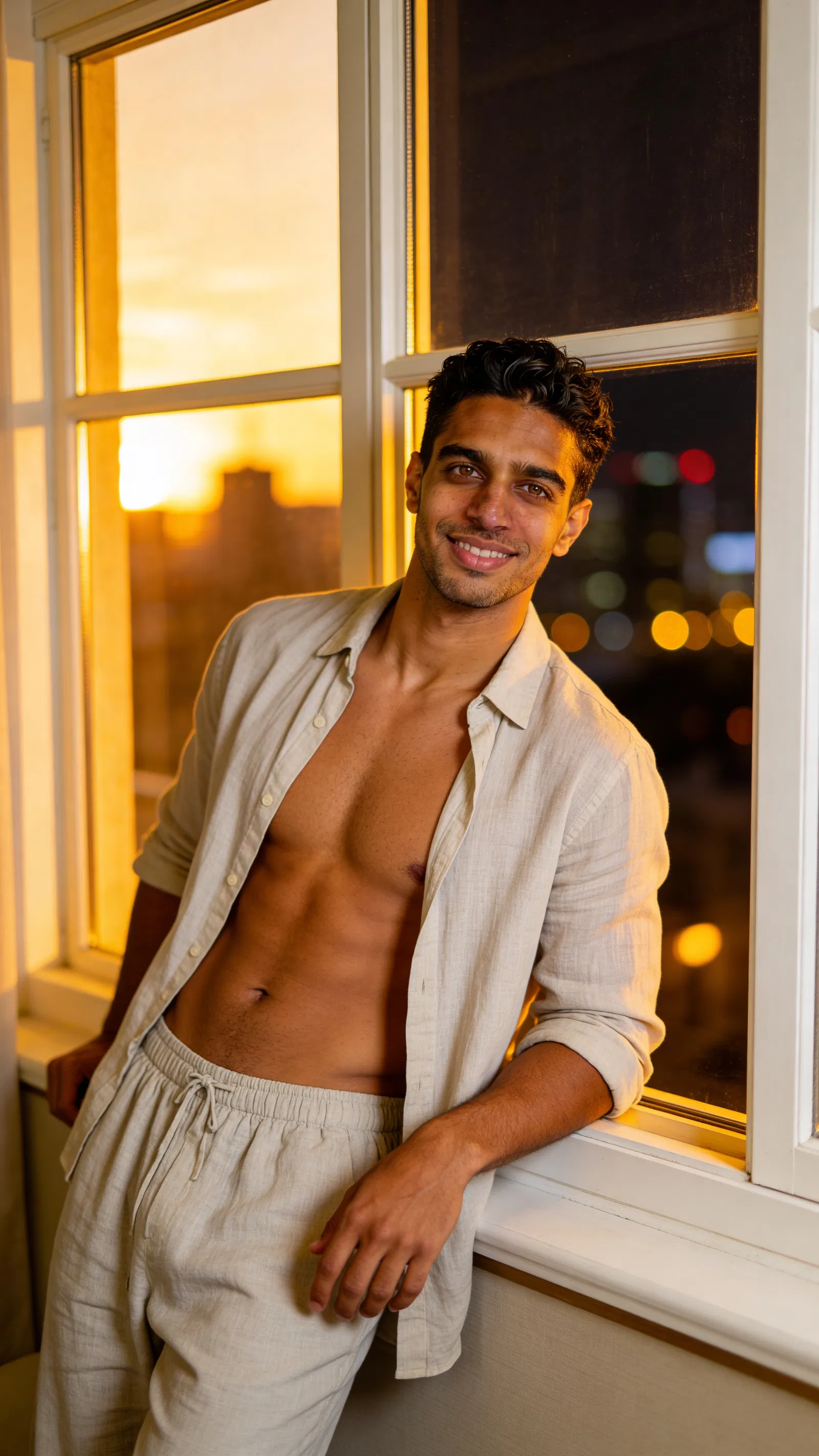 Consistent character in golden-hour hotel suite male boudoir portrait with city bokeh