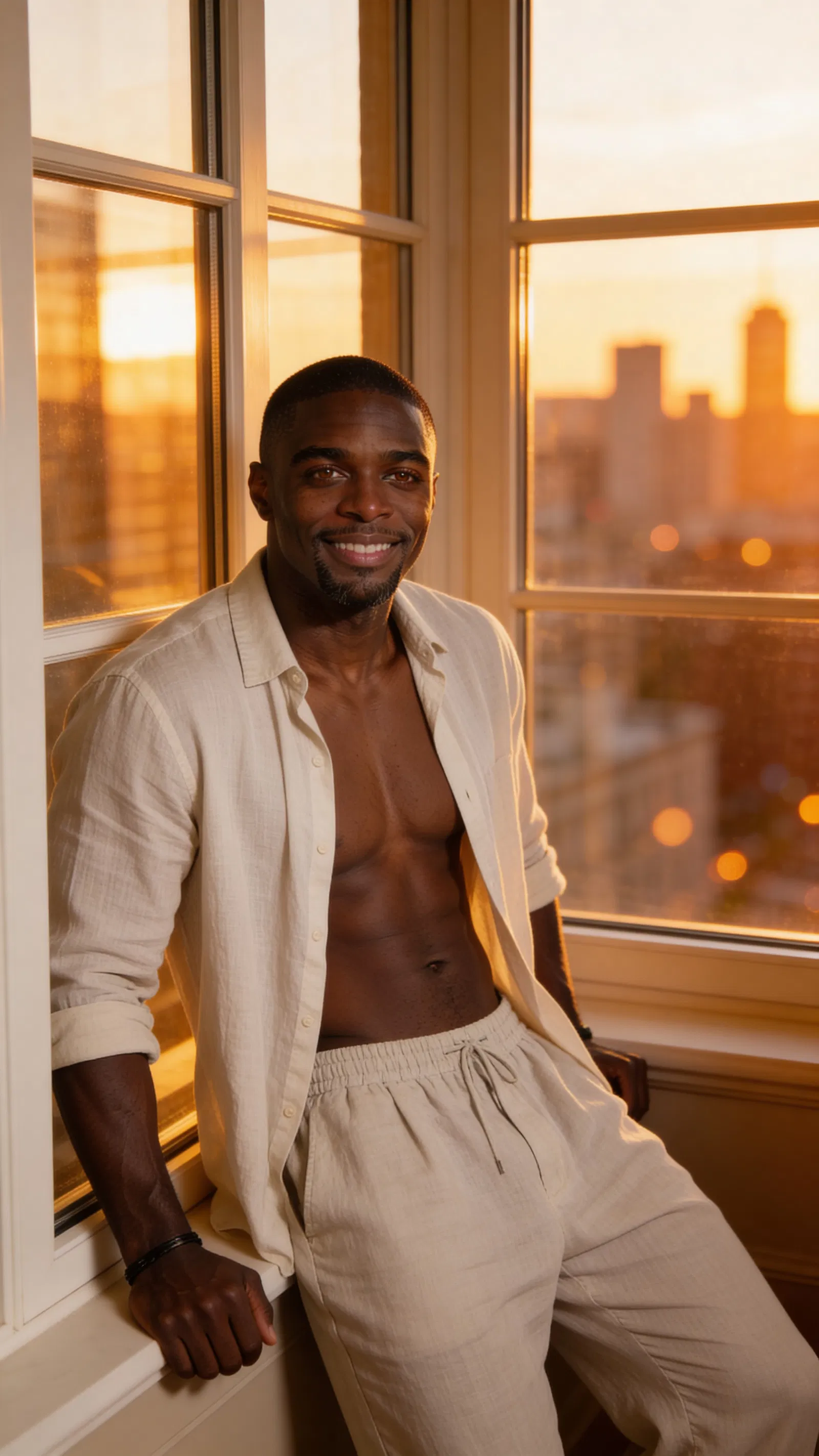 Consistent character in golden-hour hotel suite male boudoir portrait with city bokeh