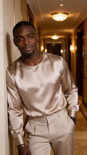 Consistent character in hotel corridor half-body editorial portrait