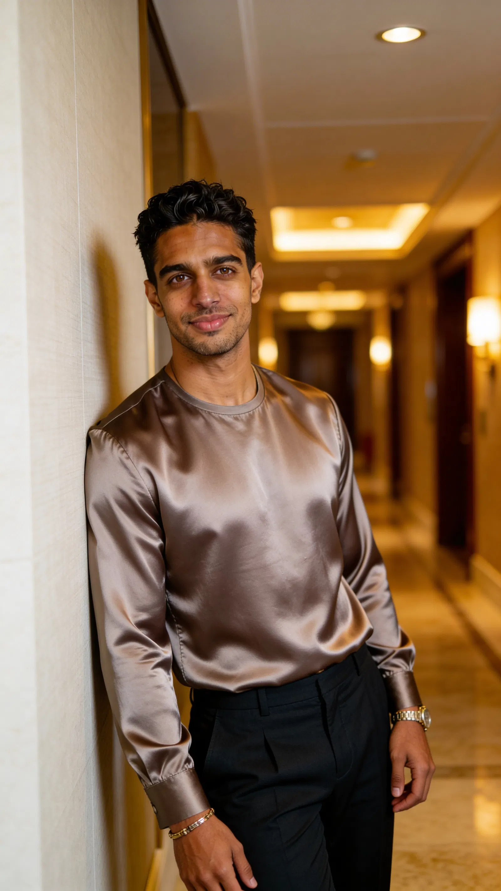 Consistent character in hotel corridor half-body editorial portrait