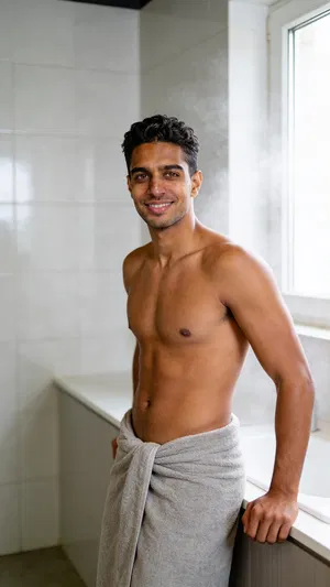 Consistent character in tasteful bathroom dudeoir towel scene with soft window light