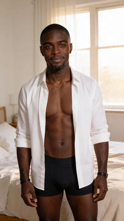 Consistent character in tasteful bedroom male boudoir look with soft window light