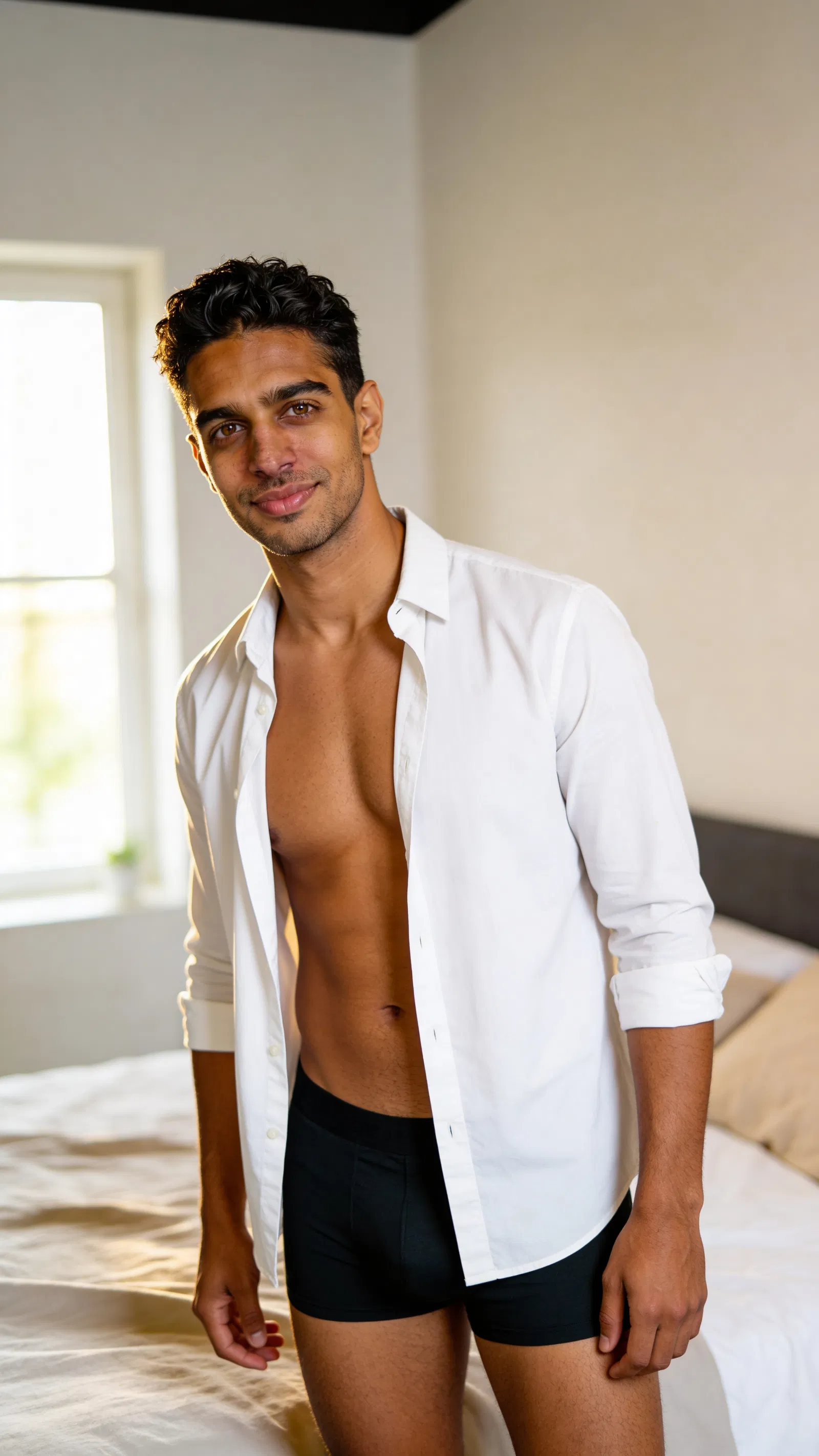 Consistent character in tasteful bedroom male boudoir look with soft window light