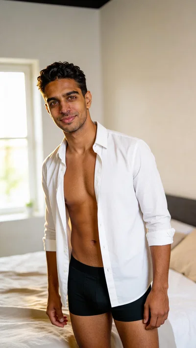 Consistent character in tasteful bedroom male boudoir look with soft window light