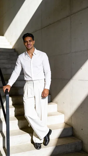 Consistent character on staircase with bold shadows editorial portrait