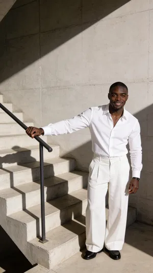 Consistent character on staircase with bold shadows editorial portrait