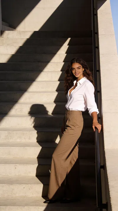 Consistent character on staircase with bold shadows editorial portrait