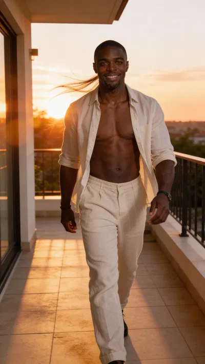 Consistent character on sunset terrace in classy dudeoir full-body look with sun flare