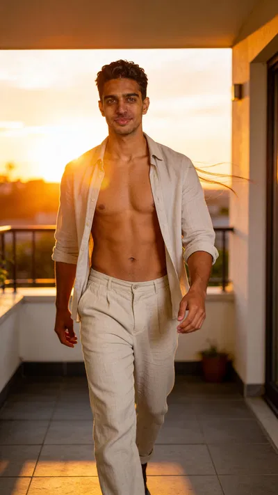 Consistent character on sunset terrace in classy dudeoir full-body look with sun flare