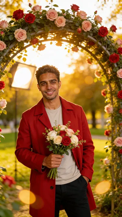 Consistent character outdoors at sunset with rose arch and bouquet.