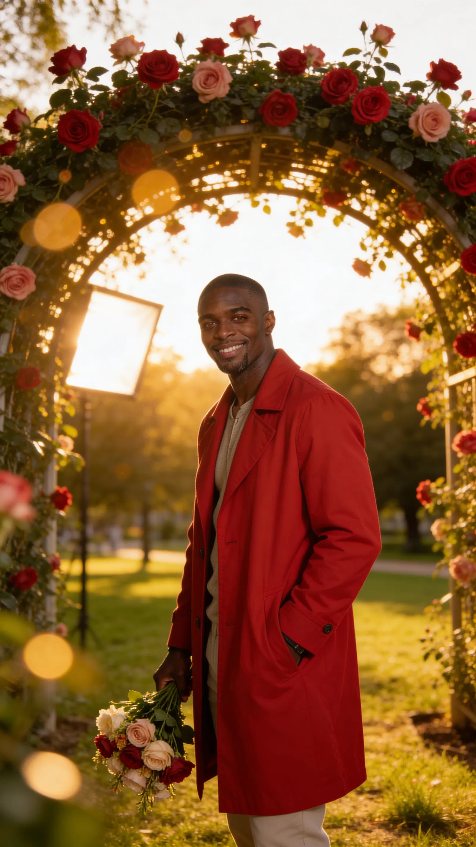 Consistent character outdoors at sunset with rose arch and bouquet.