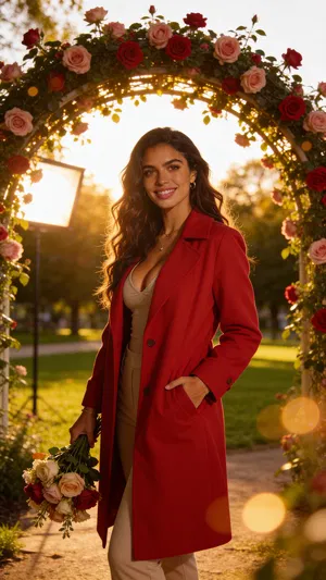 Consistent character outdoors at sunset with rose arch and bouquet.