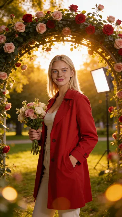 Consistent character outdoors at sunset with rose arch and bouquet.