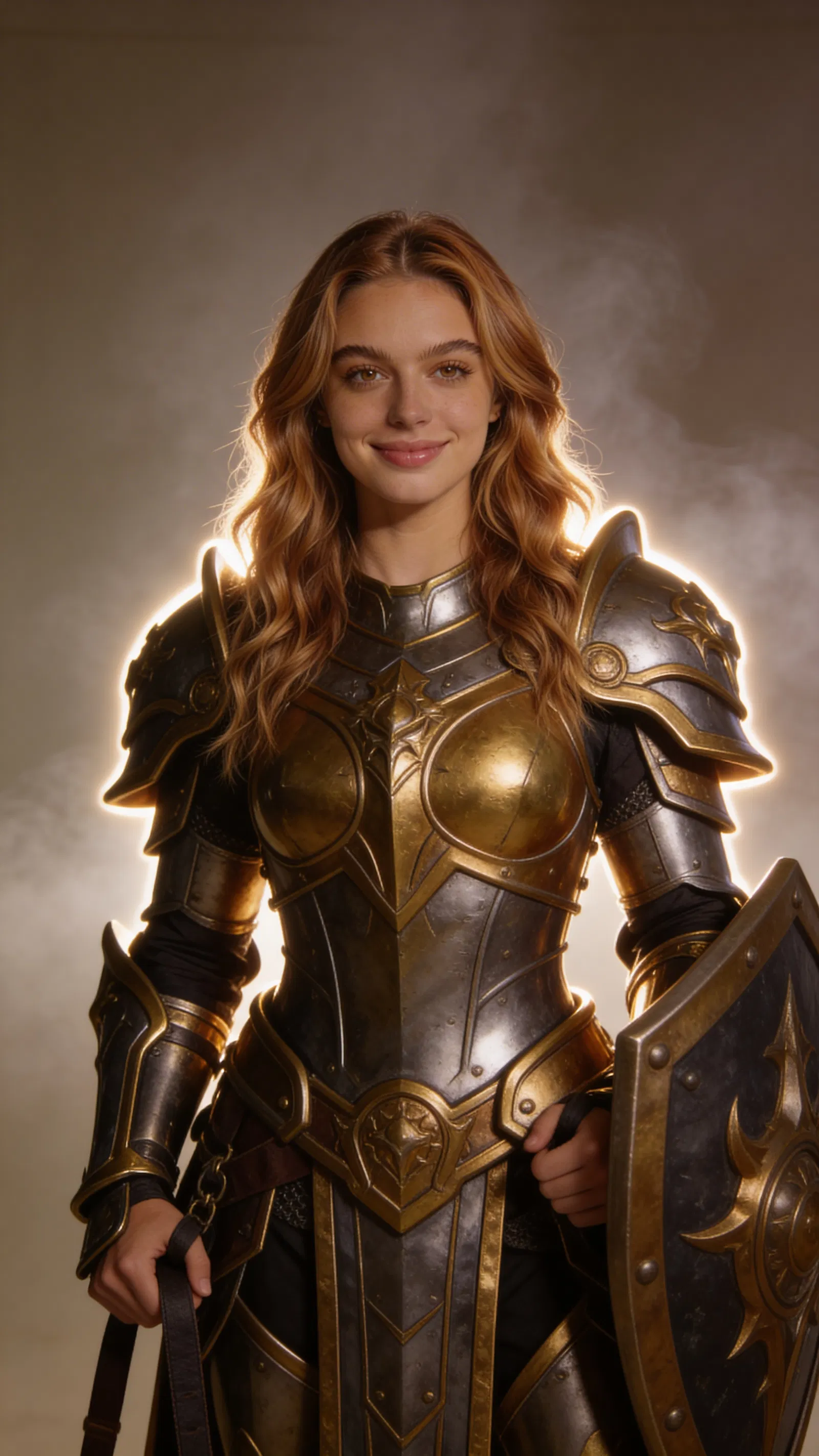 Consistent character paladin cosplay headshot with dramatic studio lighting