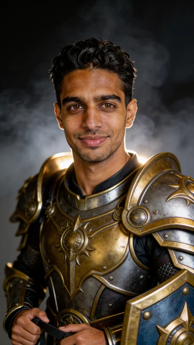 Consistent character paladin cosplay headshot with dramatic studio lighting