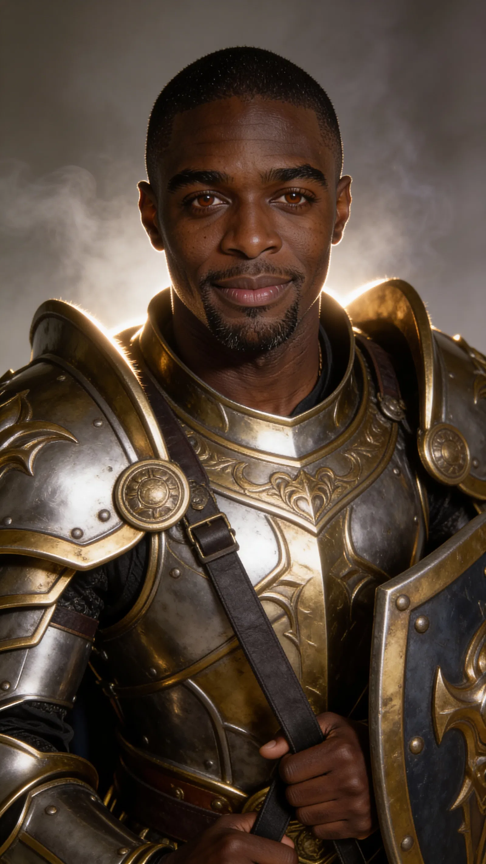 Consistent character paladin cosplay headshot with dramatic studio lighting