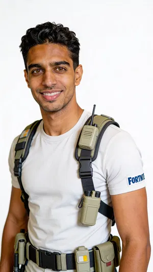 Consistent character rescue cosplay in bright high-key studio portrait