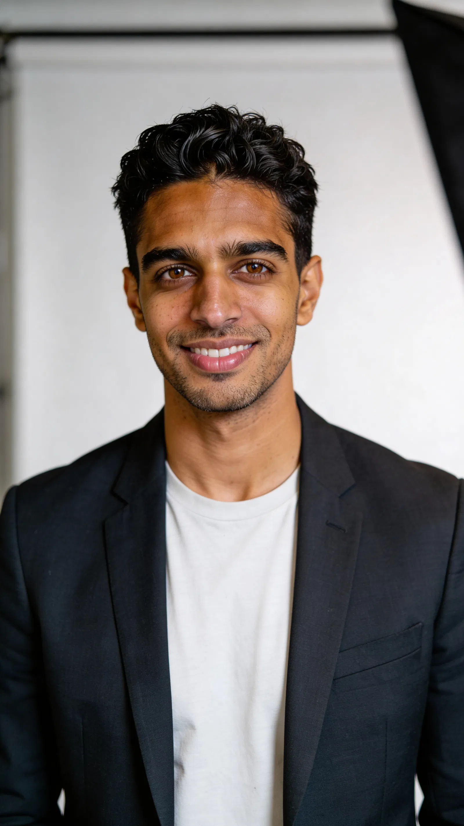 Consistent character studio headshot on light gray backdrop