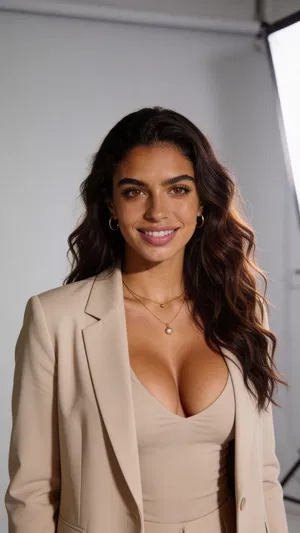 Consistent character studio headshot on light gray backdrop