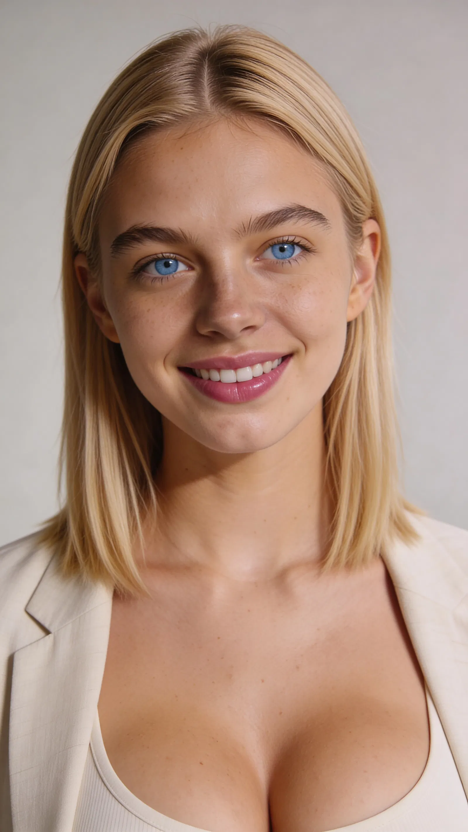 Consistent character studio headshot on light gray backdrop