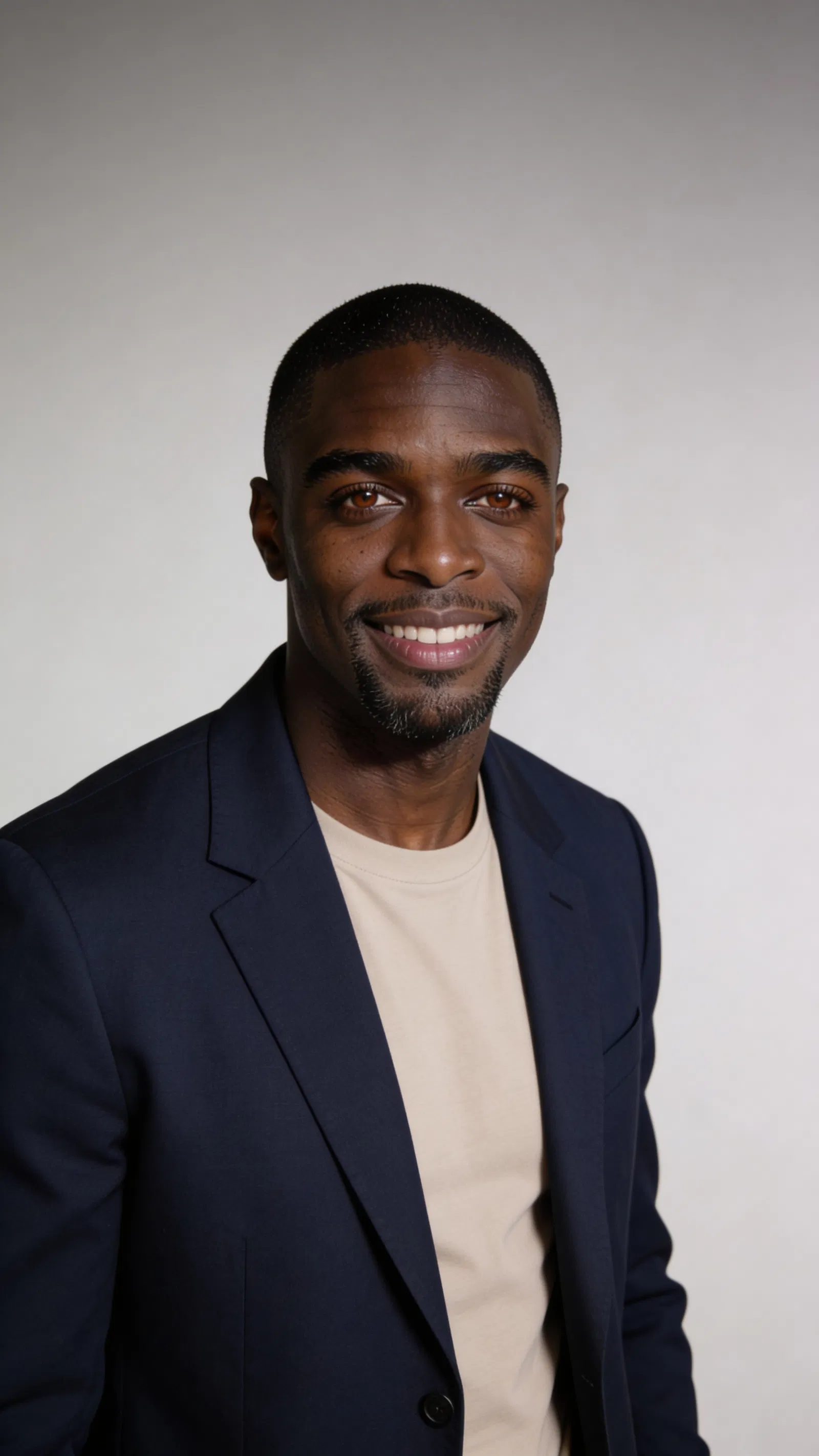Consistent character studio headshot with blazer and soft gray background