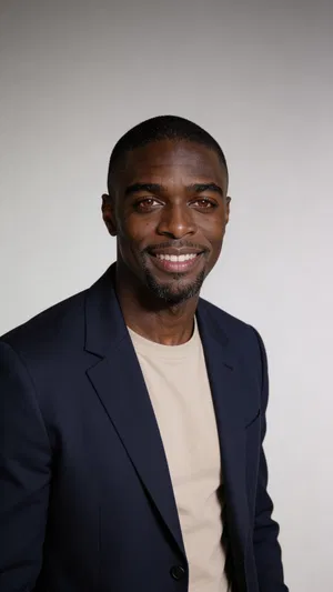 Consistent character studio headshot with blazer and soft gray background