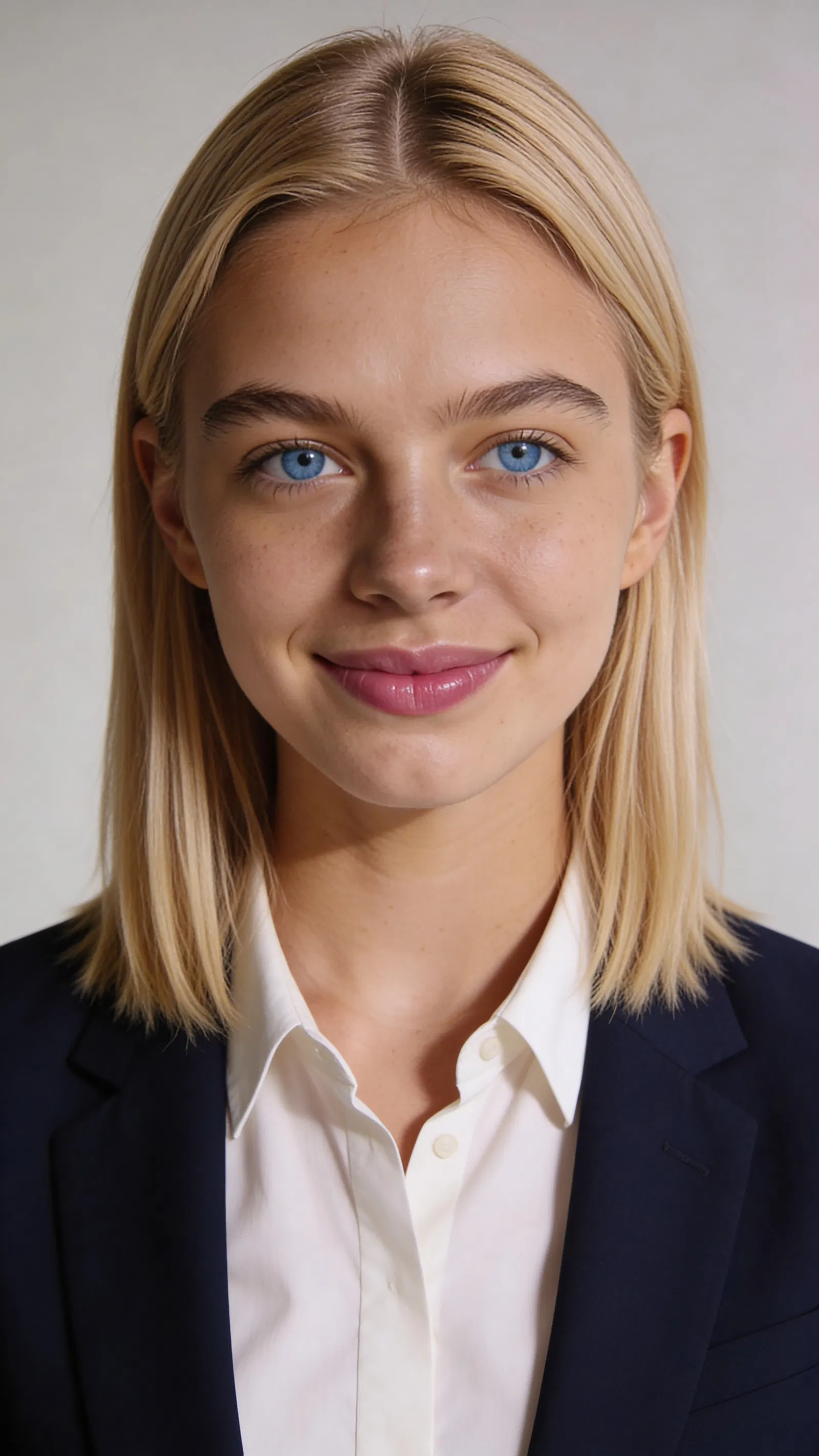 Consistent character studio headshot with neutral background and navy blazer