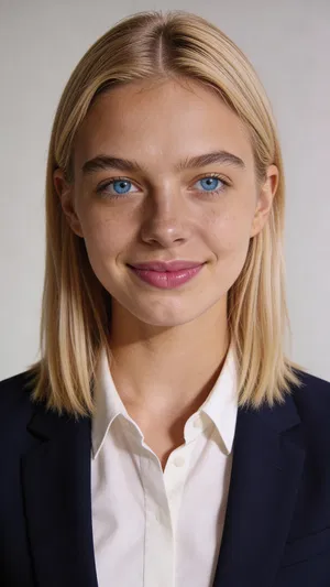 Consistent character studio headshot with neutral background and navy blazer