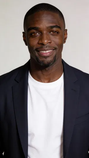 Consistent character studio headshot with neutral background and navy blazer