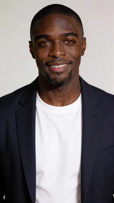 Consistent character studio headshot with neutral background and navy blazer
