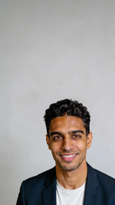 Consistent character studio headshot with neutral background and navy blazer