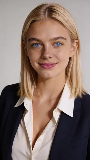Consistent character studio headshot with slate-gray background and navy blazer