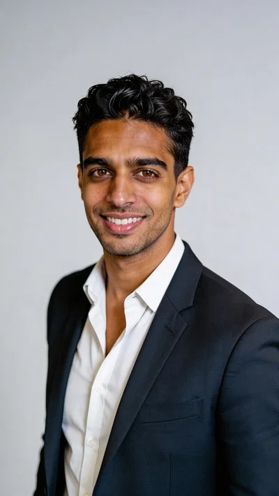 Consistent character studio headshot with slate-gray background and navy blazer