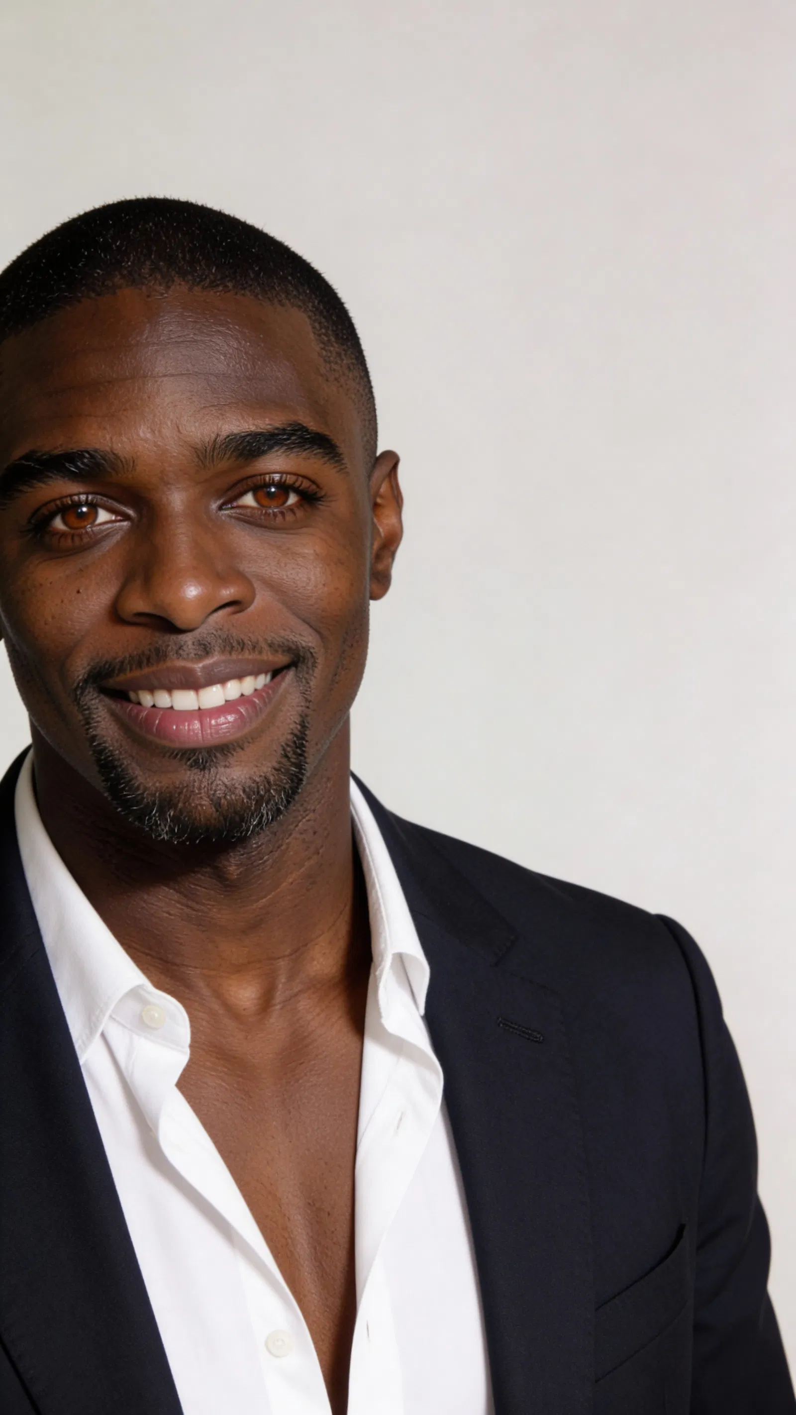 Consistent character studio headshot with slate-gray background and navy blazer