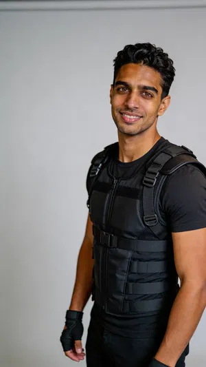 Consistent character tactical cosplay headshot with studio lighting