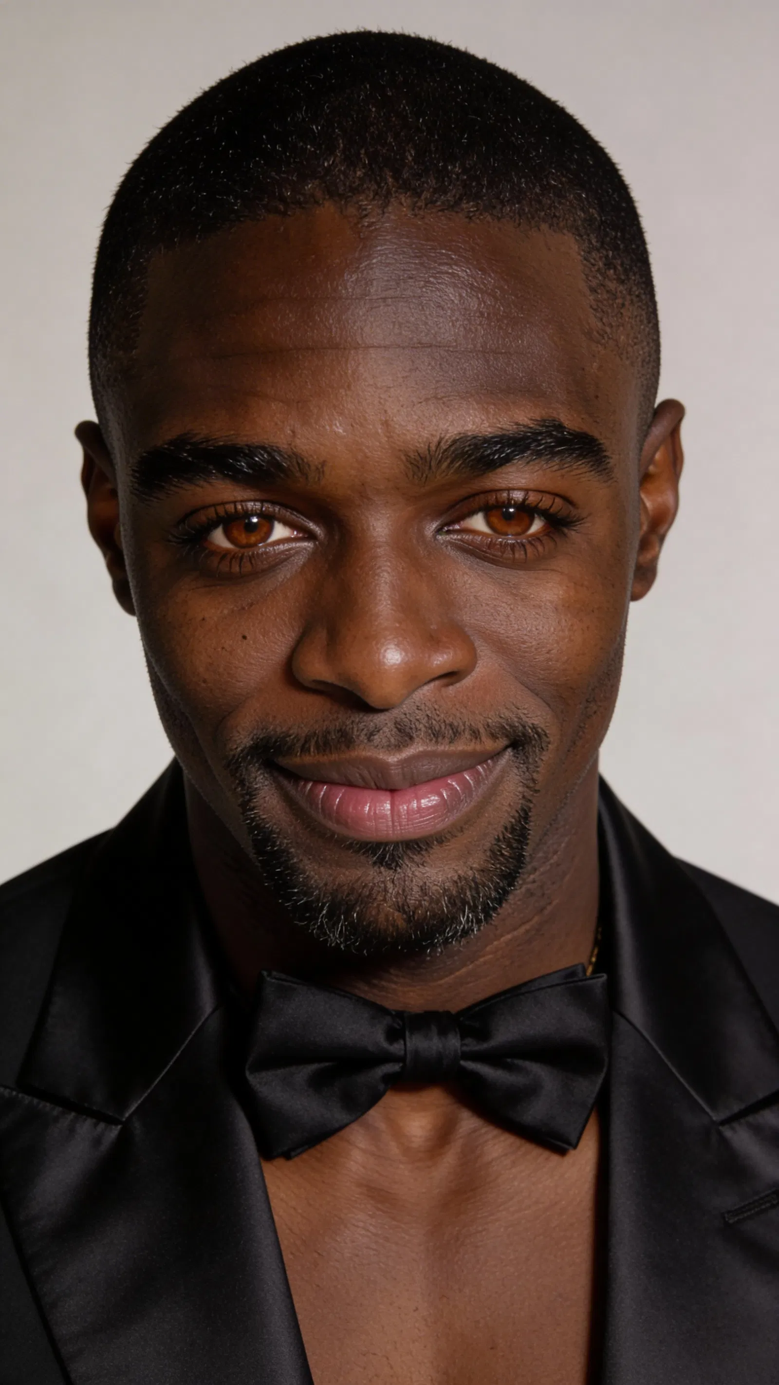 Consistent character tuxedo headshot in minimalist studio lighting