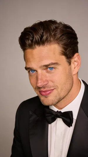 Consistent character tuxedo headshot in minimalist studio lighting