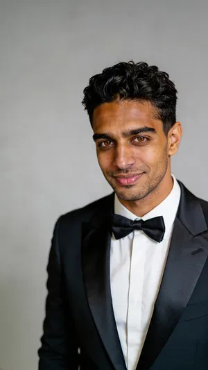 Consistent character tuxedo headshot in minimalist studio lighting