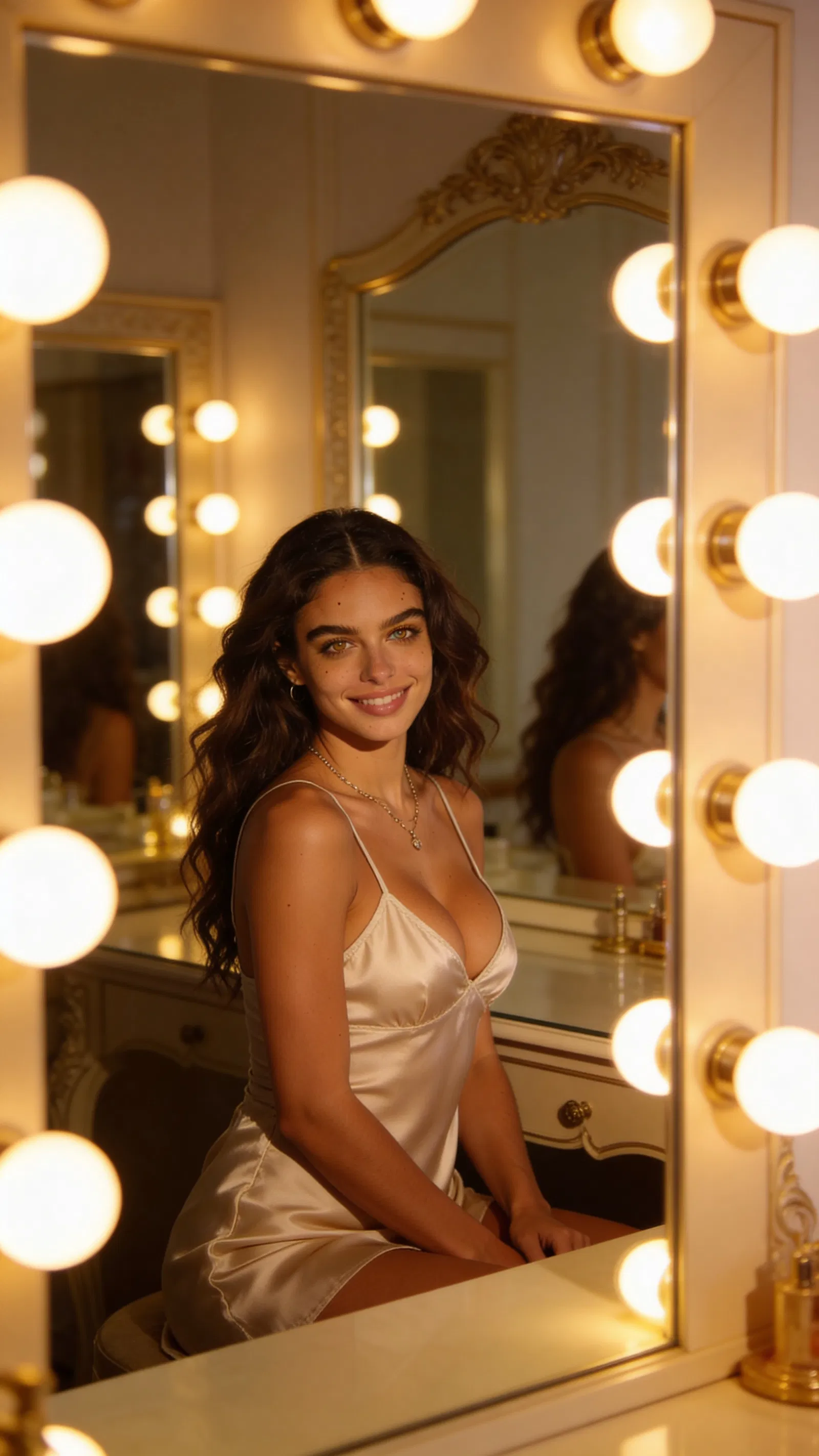 Consistent character vanity-lit satin slip lingerie portrait