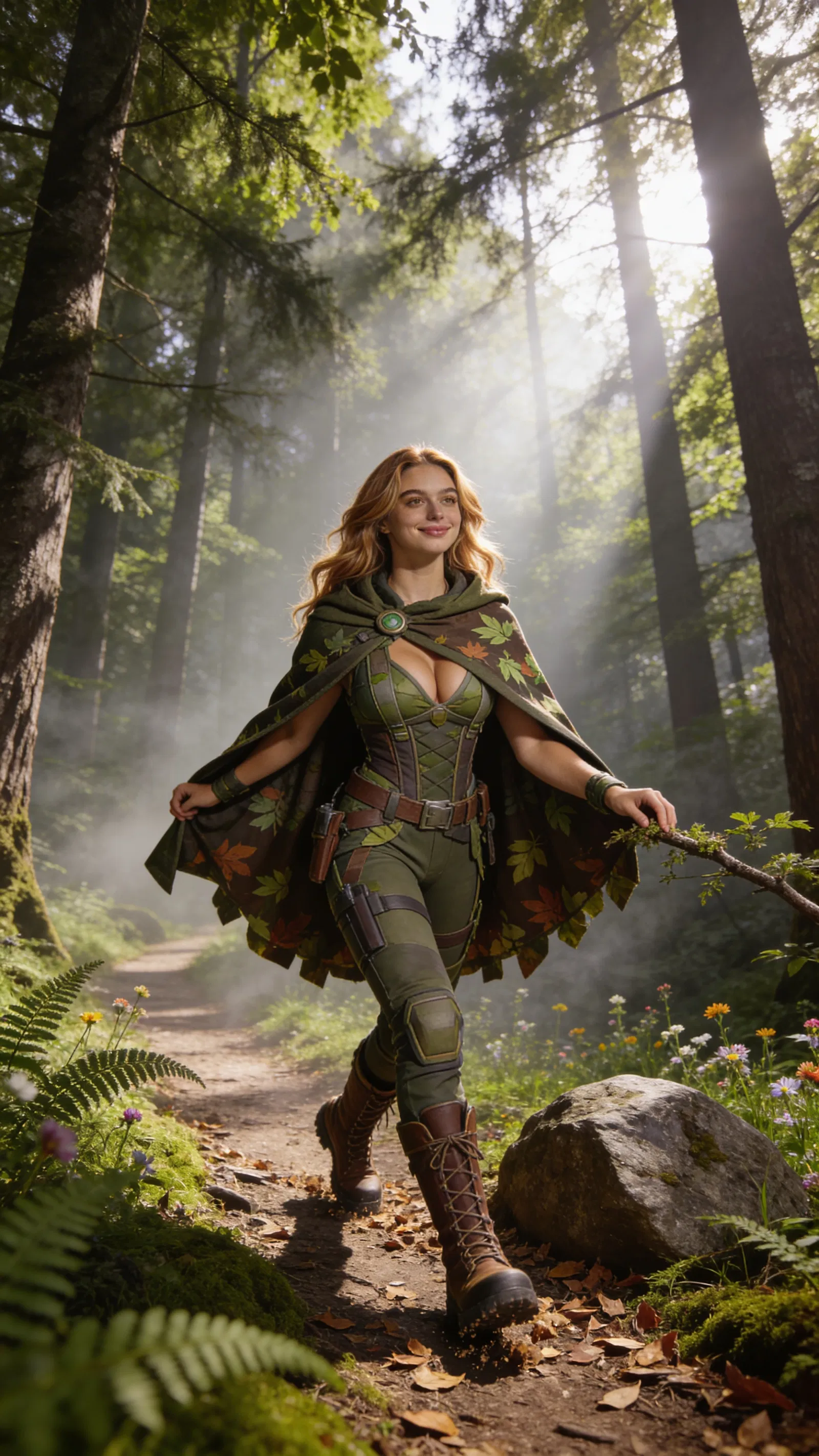 Consistent character woodland scout cosplay in forest environmental portrait