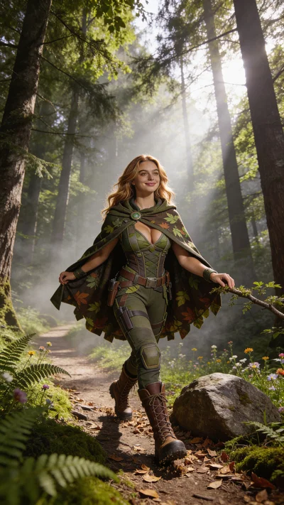 Consistent character woodland scout cosplay in forest environmental portrait