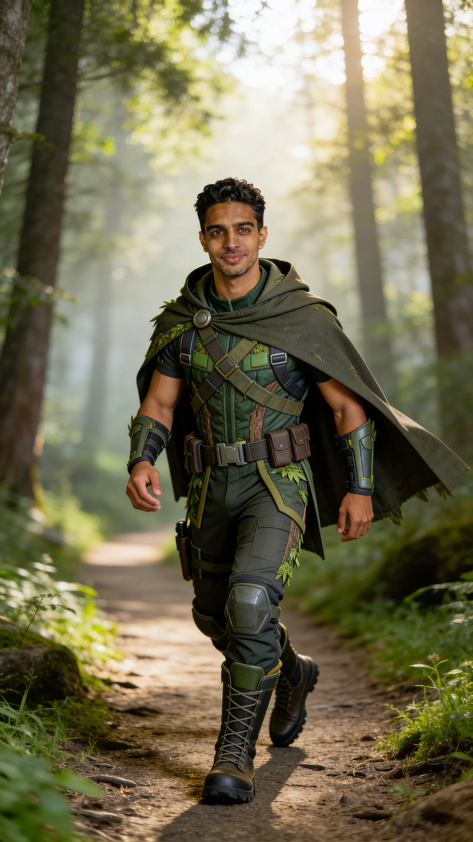 Consistent character woodland scout cosplay in forest environmental portrait