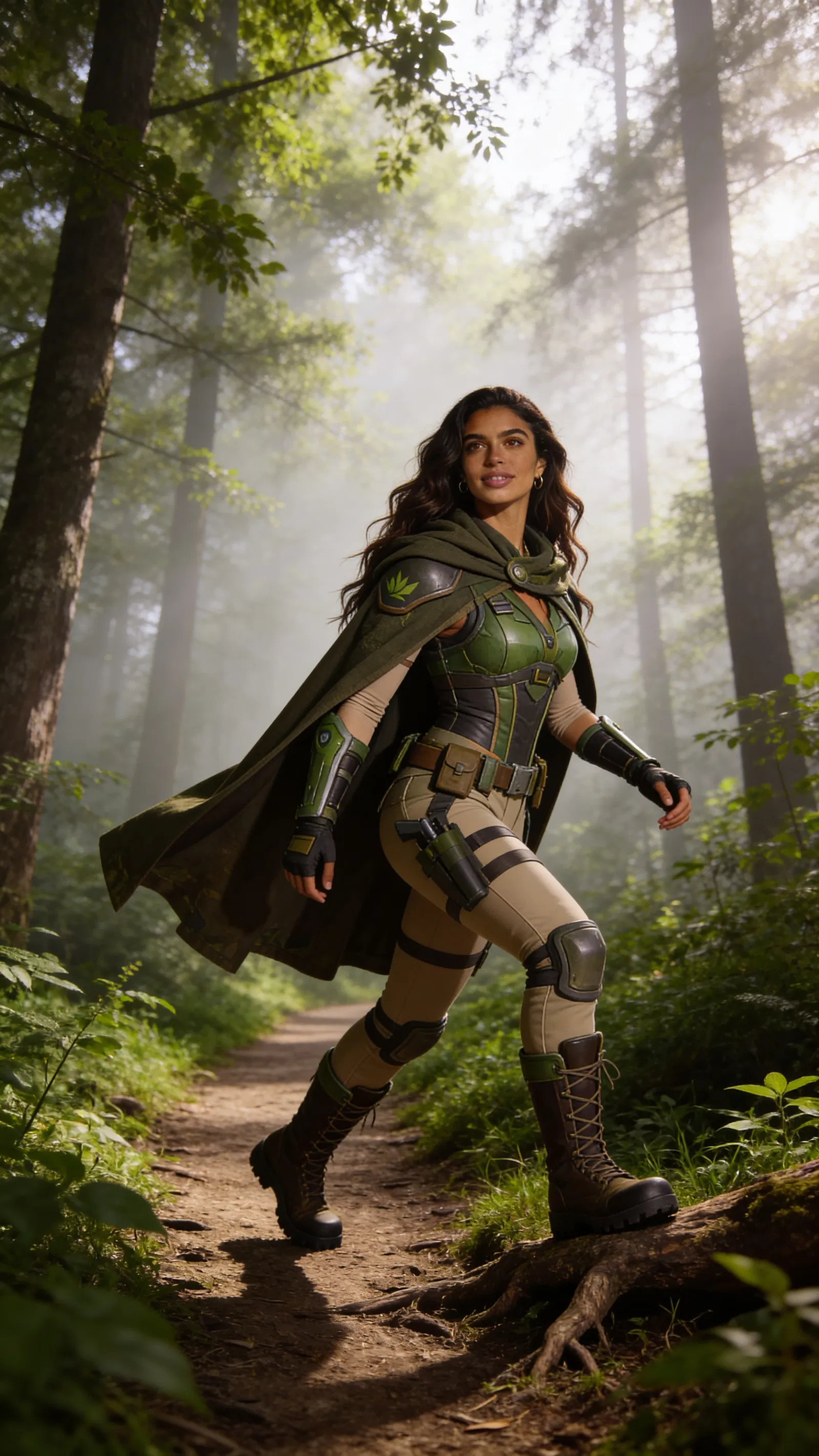 Consistent character woodland scout cosplay in forest environmental portrait