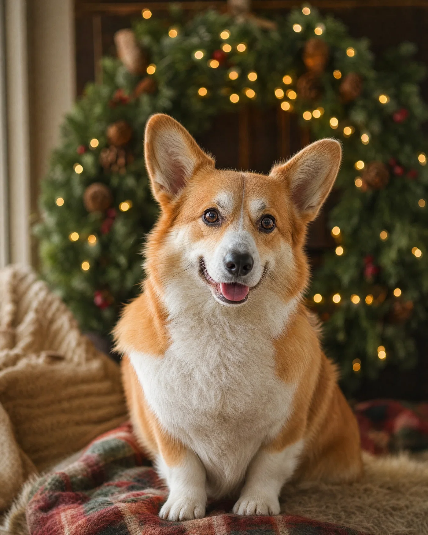 Corgi holiday portrait with wreath bokeh lights, soft window key, and warm film-grade color.
