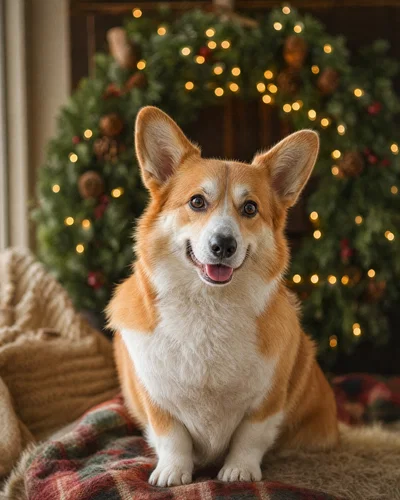Corgi holiday portrait with wreath bokeh lights, soft window key, and warm film-grade color.
